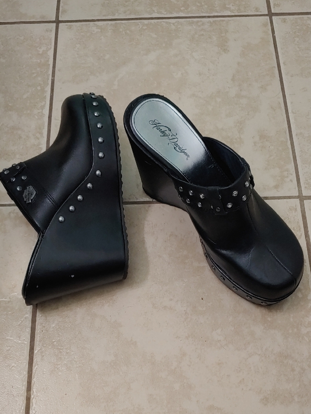 Vintage Y2K Harley Davidson Stud Clogs Black Chunky Platform Shoes Womens Size 8